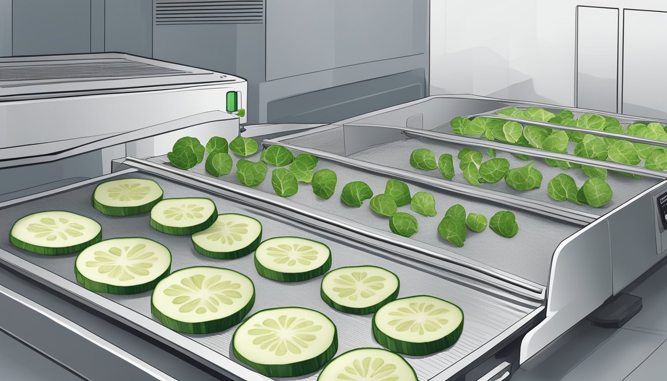 Fresh kohlrabi slices arranged on a dehydrator tray, with the dehydrator machine in the background