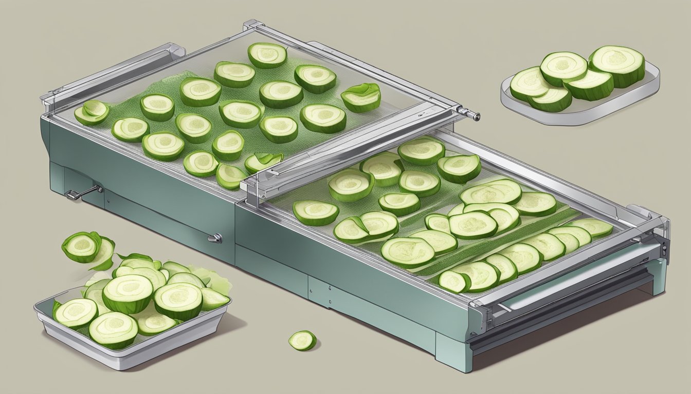 Kohlrabi slices laid out on dehydrator trays, with the machine turned on and warm air circulating around them