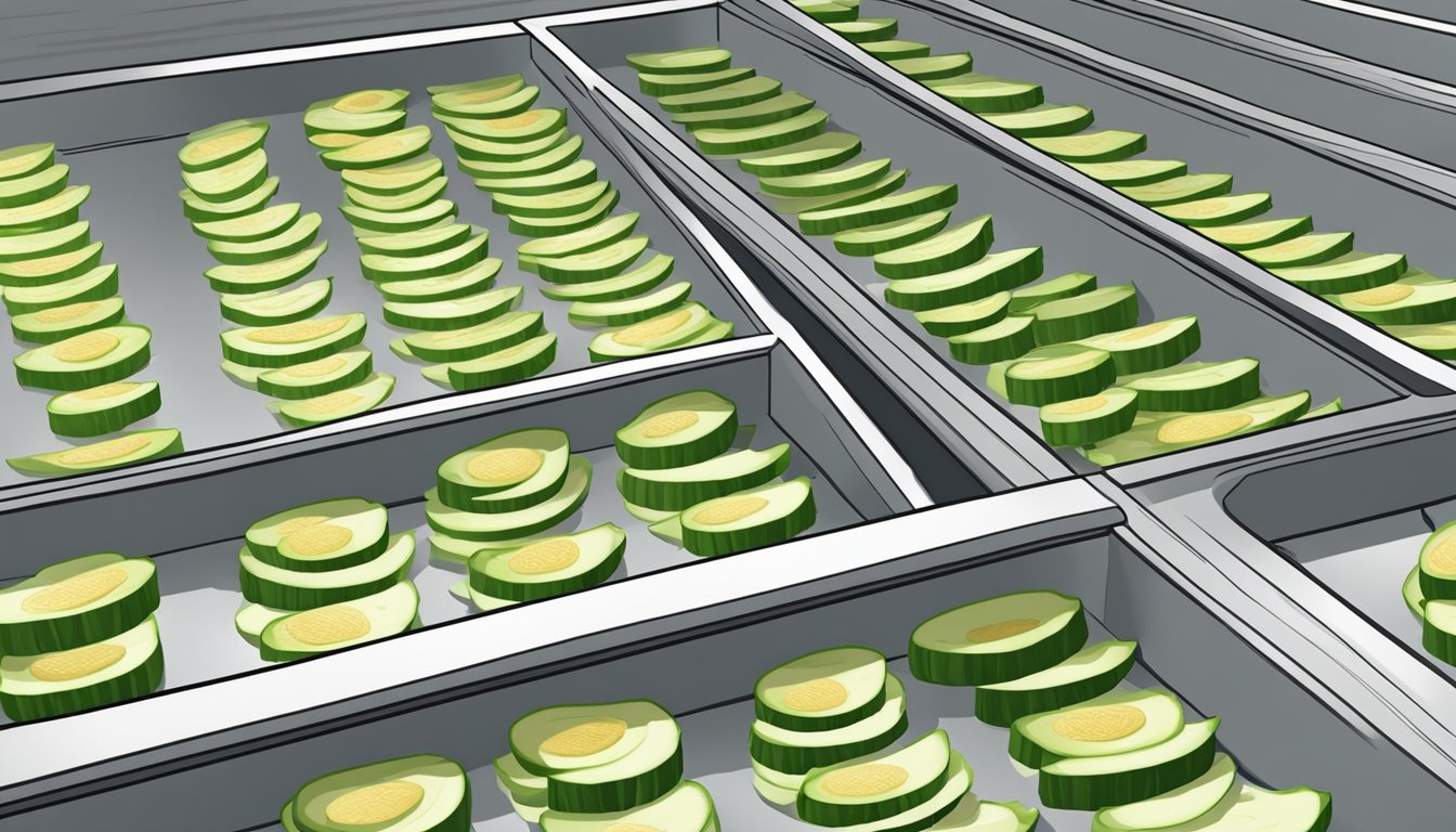 Fresh zucchini slices laid out on dehydrator trays, with the machine running and warm air circulating around them