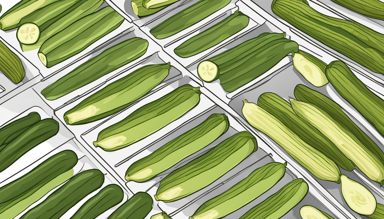 Fresh zucchini slices laid out on dehydrator trays, ready to be dried and preserved