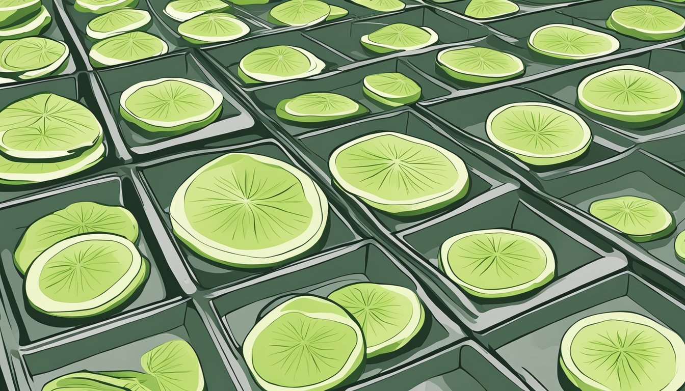 Fresh kohlrabi slices arranged on dehydrator trays, ready for drying