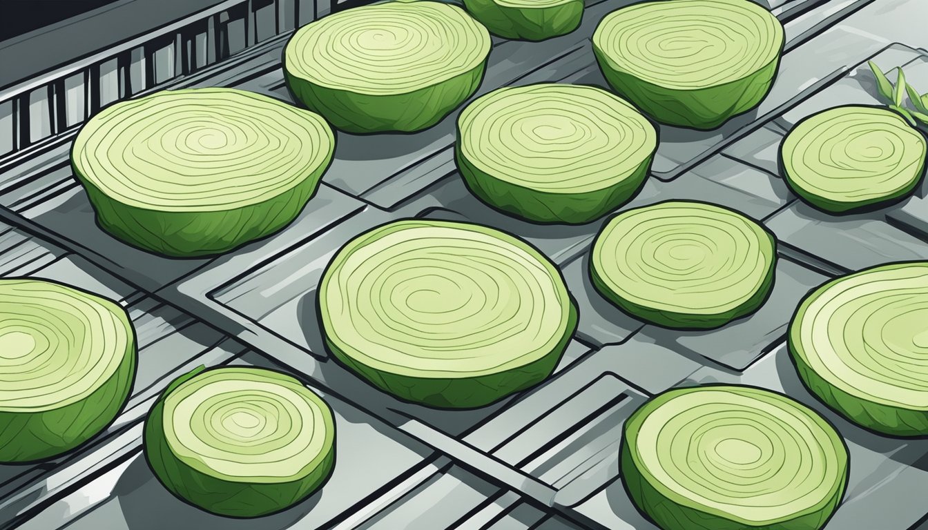 Kohlrabi being sliced into thin, even rounds and arranged on dehydrator trays