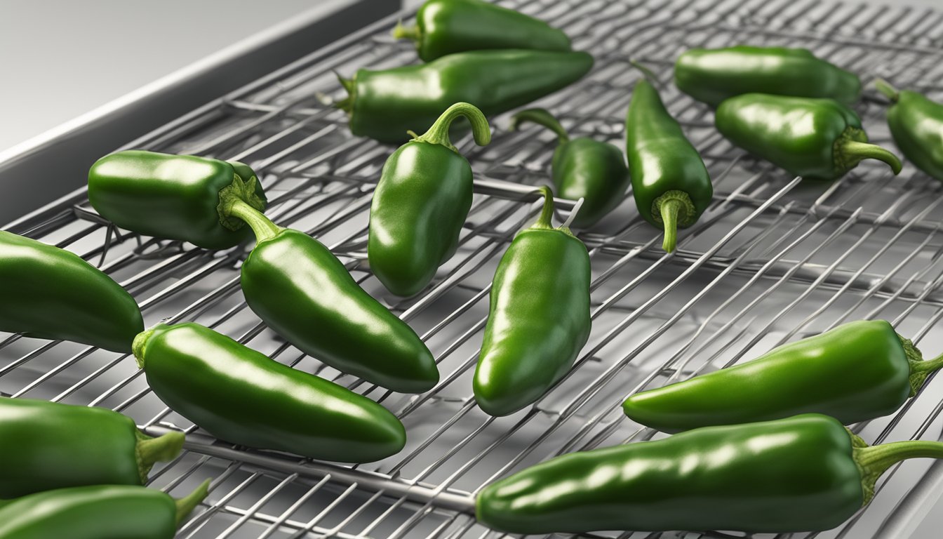 Fresh jalapeno peppers laid out on a wire rack, with a dehydrator in the background, set to a specific temperature and timer