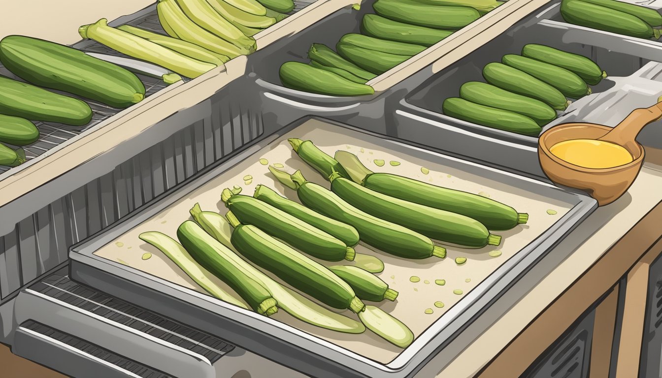 Zucchini being sliced and laid out on dehydrator trays, with a bowl of zucchini flour nearby