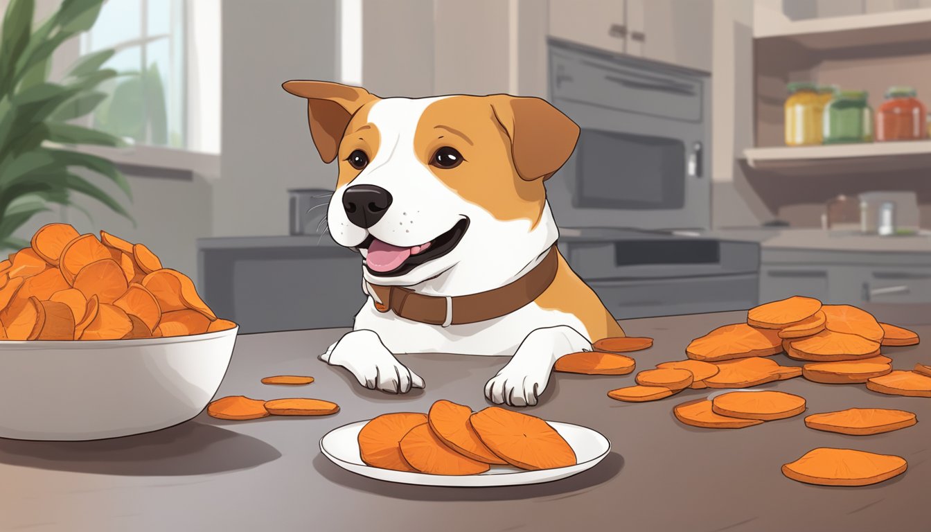 A dog happily munches on dehydrated sweet potato slices, while a dehydrator hums in the background