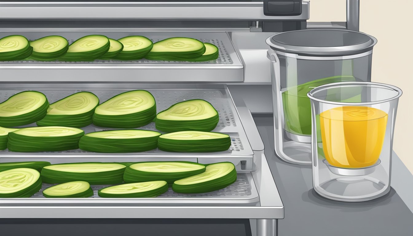 Fresh zucchini slices laid out on dehydrator trays, with the machine running and warm air circulating around them