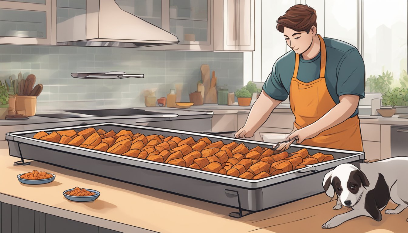 Sweet potatoes being sliced and placed on dehydrator trays, with a dog eagerly watching nearby