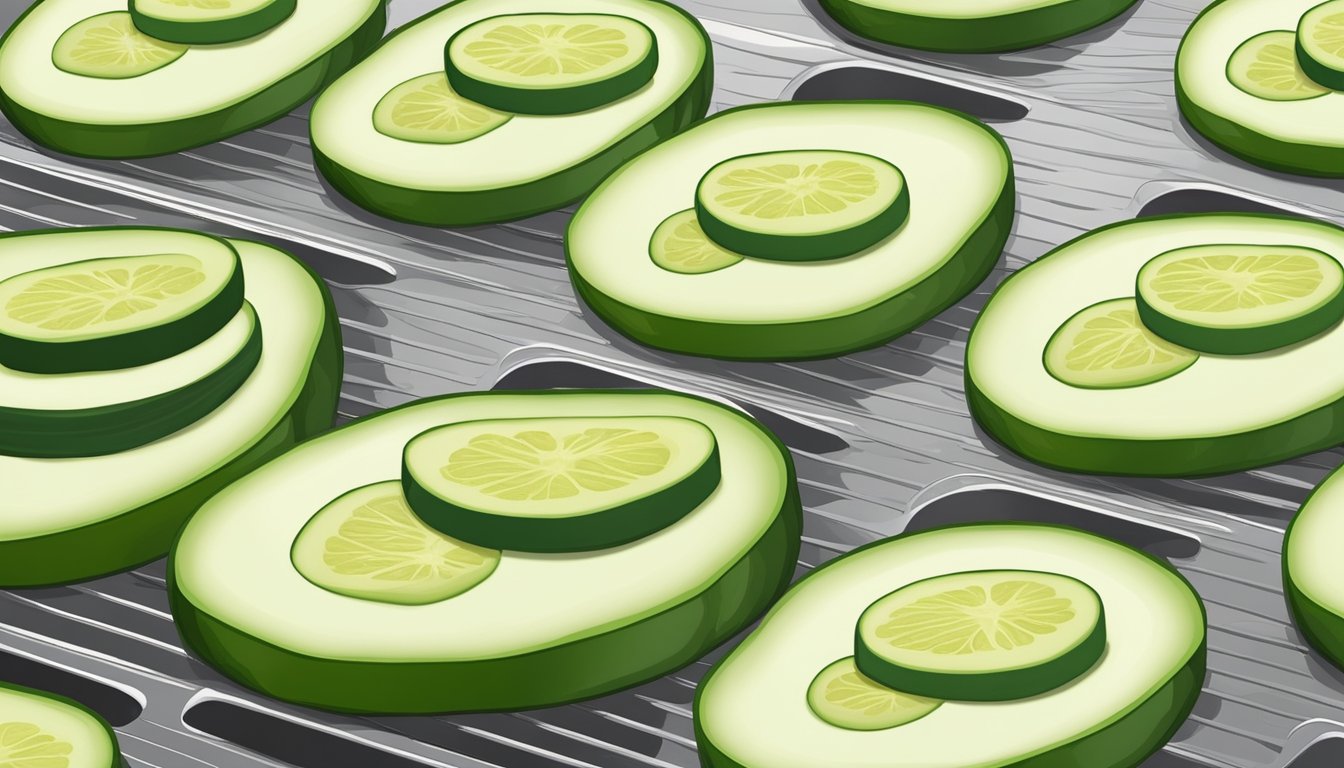 Fresh zucchinis sliced into thin rounds and arranged on dehydrator trays, ready to be dried for lasagna seasoning