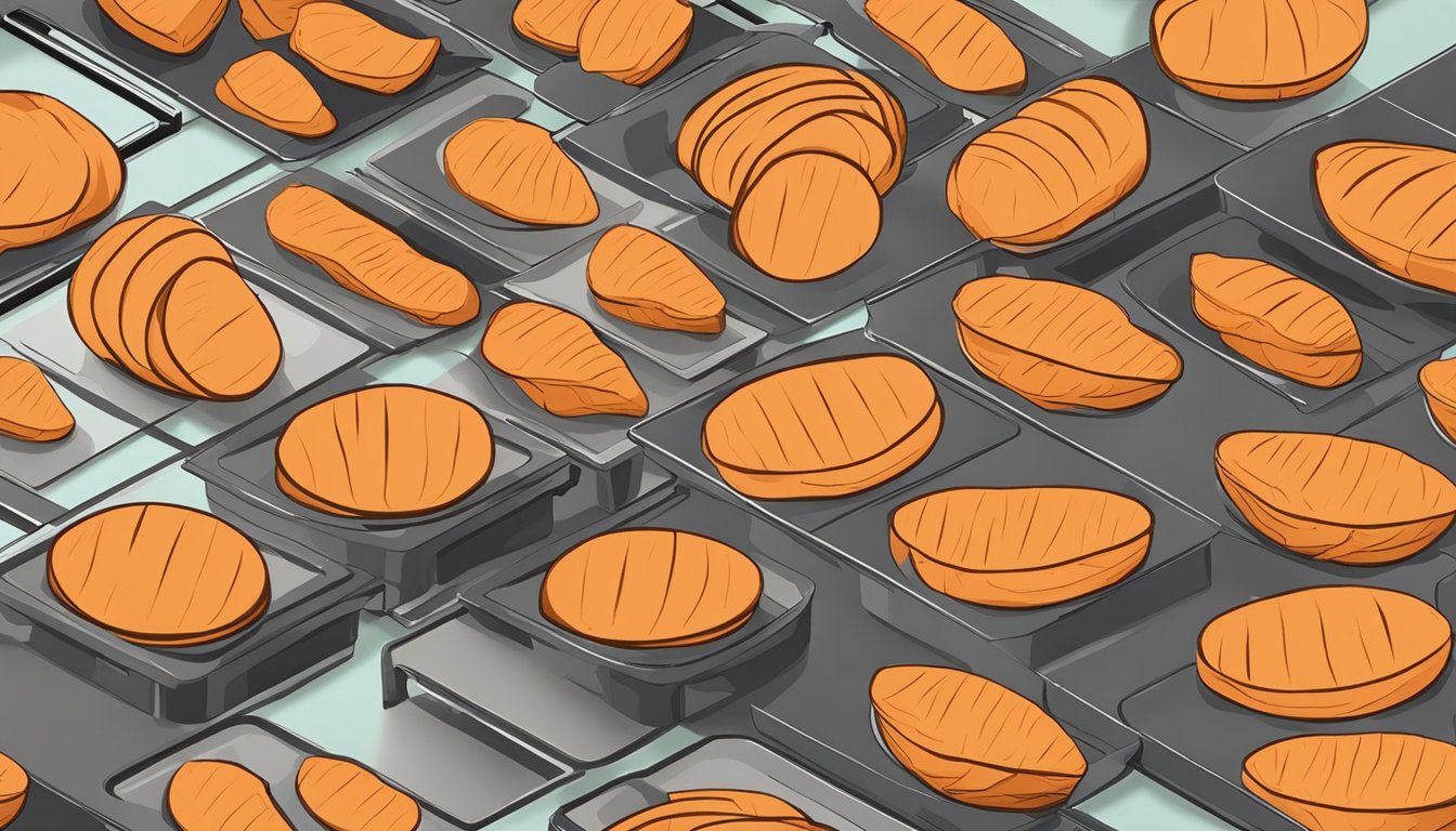 Sweet potatoes sliced on dehydrator trays with air circulation, set on a kitchen counter