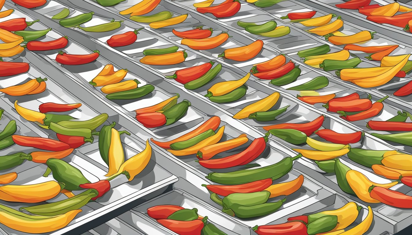 Fresh sweet peppers being sliced into thin strips, laid out on dehydrator trays, ready for the drying process