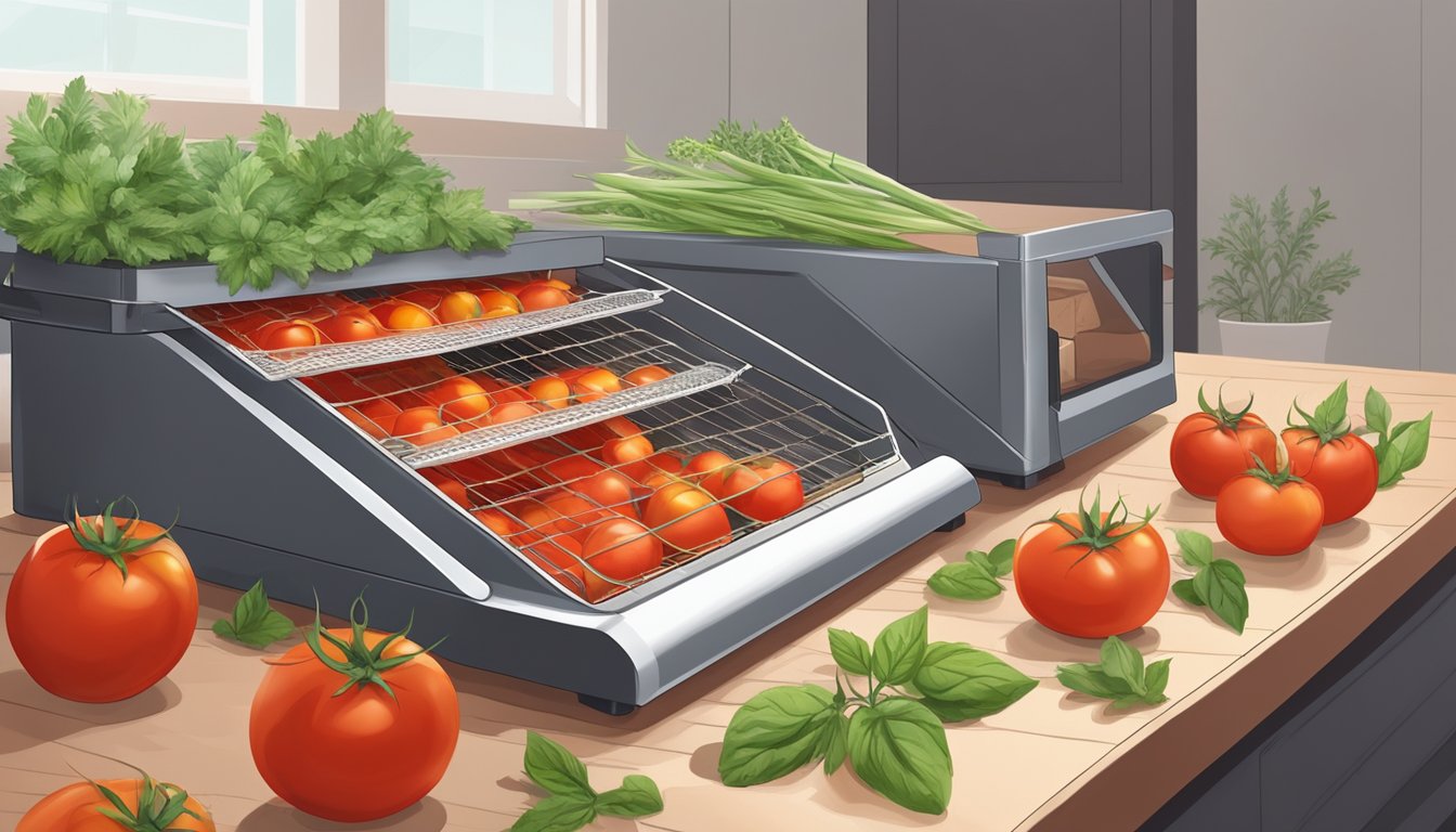 Whole tomatoes sliced on a dehydrator tray, surrounded by herbs and spices. A dehydrator machine is plugged in and running in the background