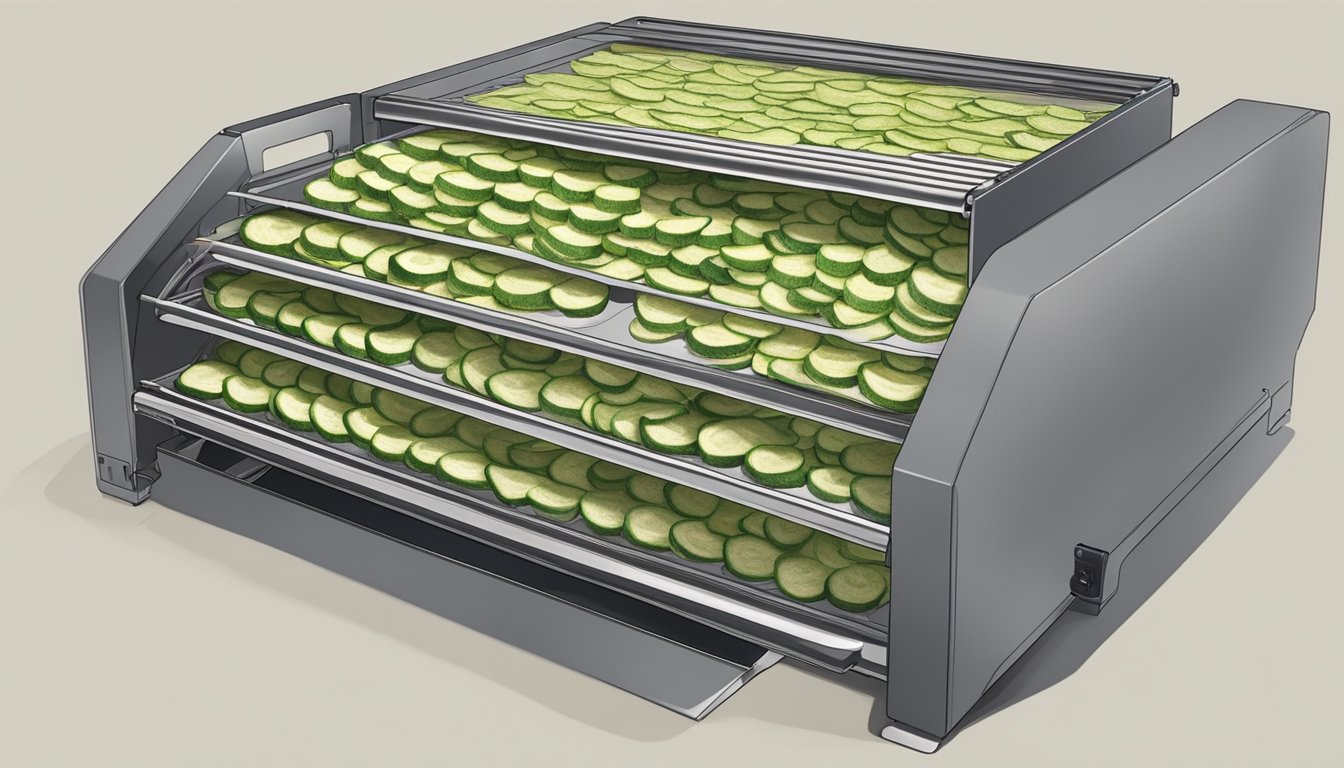 Zucchini shreds laid out on dehydrator trays, with the machine running and warm air circulating around them