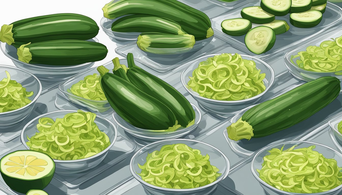 Zucchini shreds placed on dehydrator trays, surrounded by bowls of water