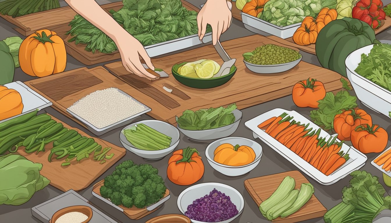 Fresh vegetables laid out on dehydrator trays, surrounded by cutting boards, knives, and bowls of salt and spices. A person's hands are slicing and arranging the vegetables