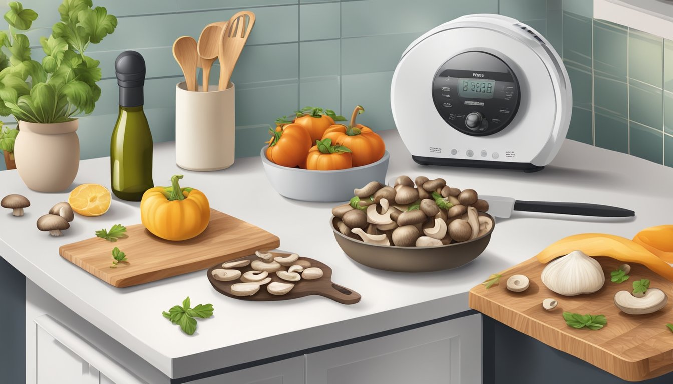 A kitchen counter with a dehydrator, cutting board, and fresh mushrooms