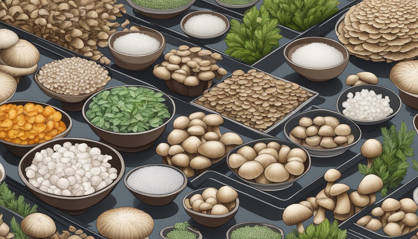 Mushrooms laid out on dehydrator trays, surrounded by bowls of salt and herbs