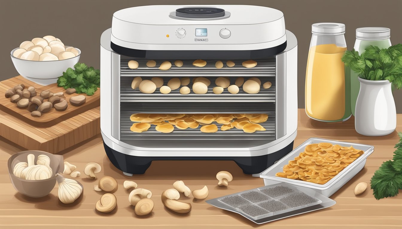 A table with sliced mushrooms spread out on dehydrator trays, with the dehydrator plugged in and running, surrounded by various kitchen utensils and ingredients