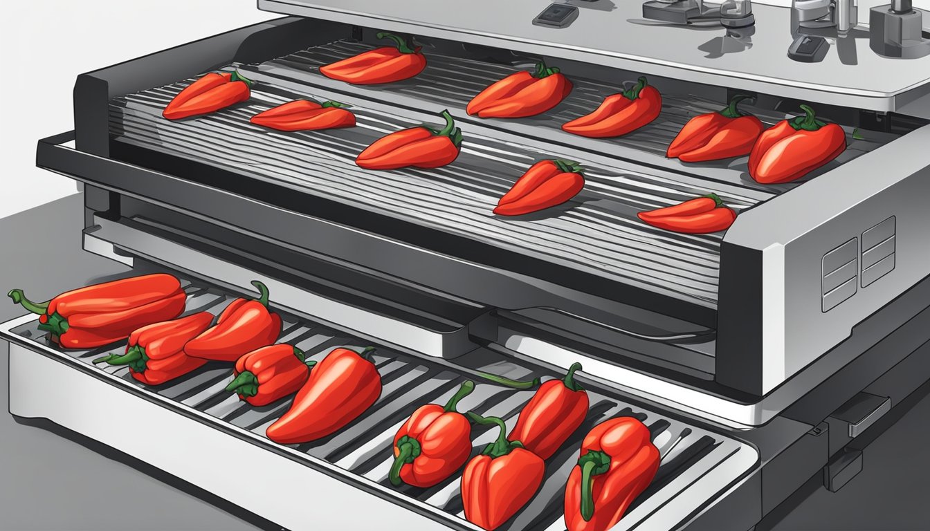 Red peppers sliced and arranged on dehydrator trays, with the machine set to low heat