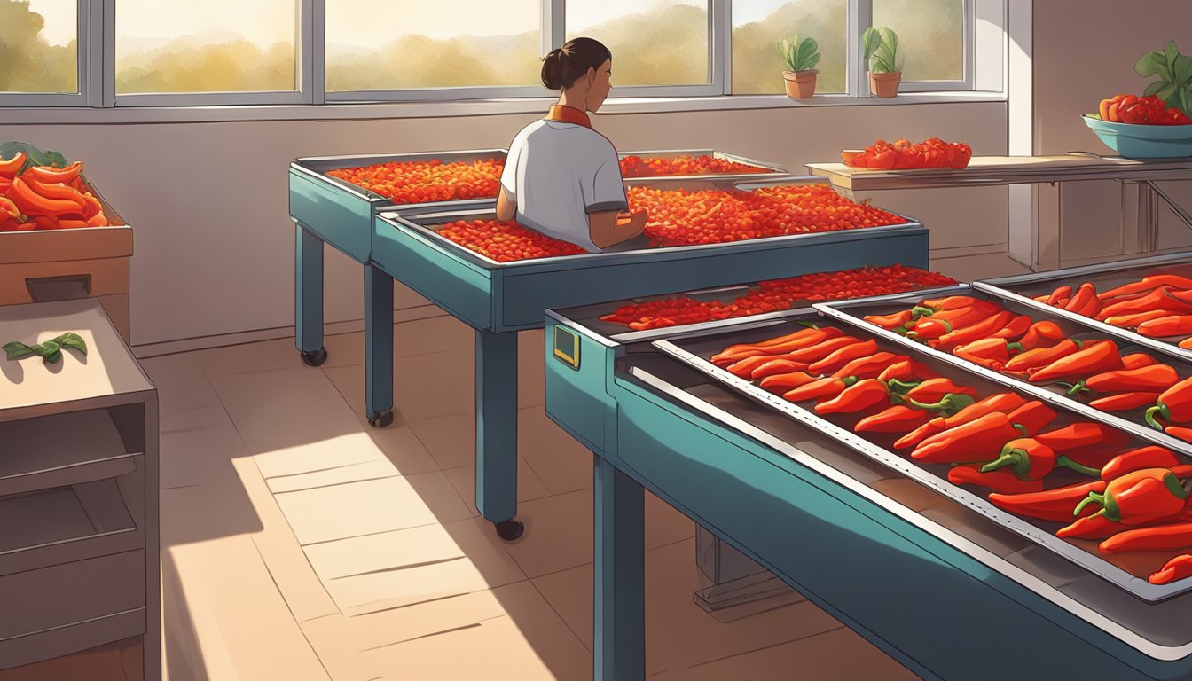 Vibrant red peppers being sliced and arranged on dehydrator trays, with warm light streaming through a nearby window