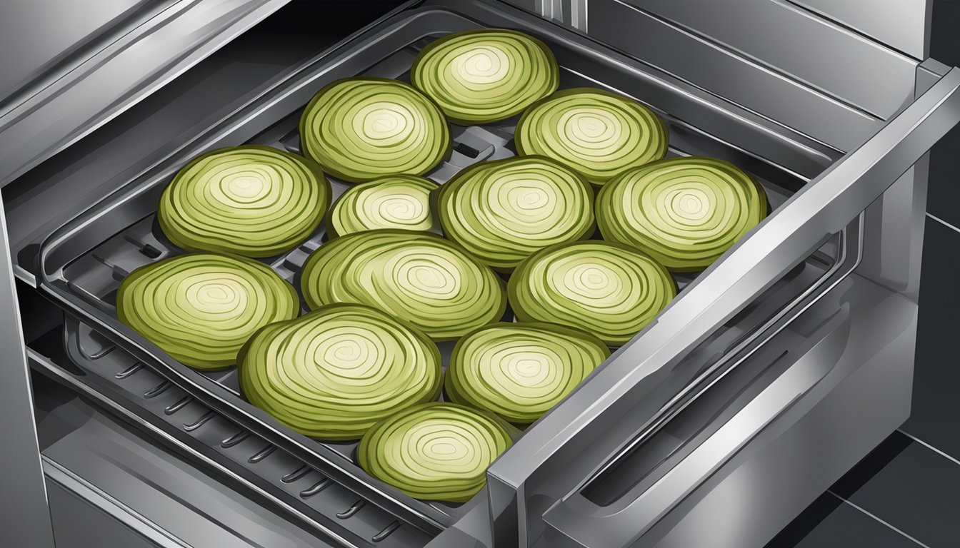 Sliced onions spread out on baking trays in an oven, with the oven door slightly ajar to allow for air circulation