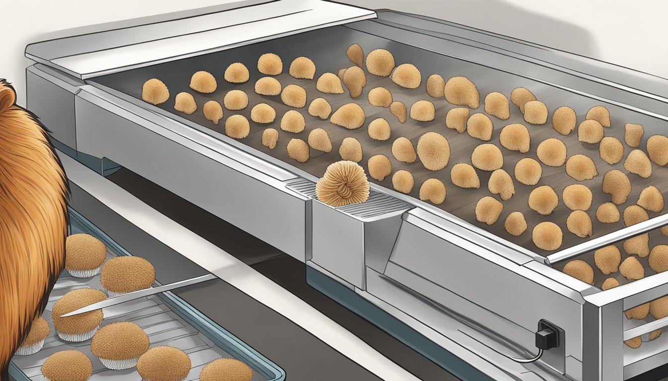 A lion's mane mushroom being sliced and placed on a dehydrator tray