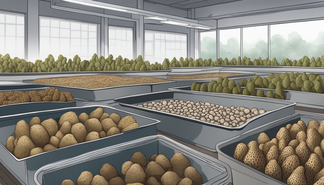 Morel mushrooms spread out on trays, some in a dehydrator, others air-drying on a mesh rack in a well-ventilated area