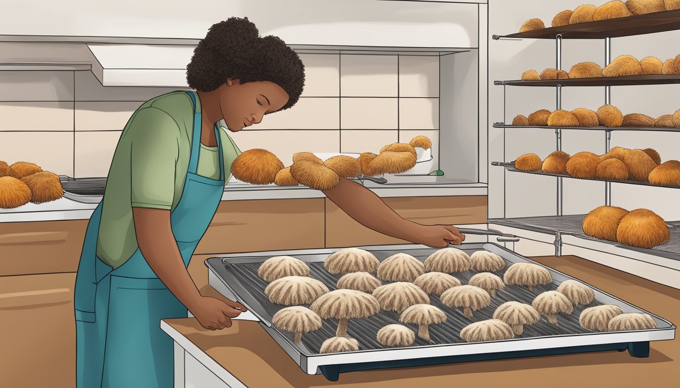 A person slices lion's mane mushrooms and places them on a dehydrator tray