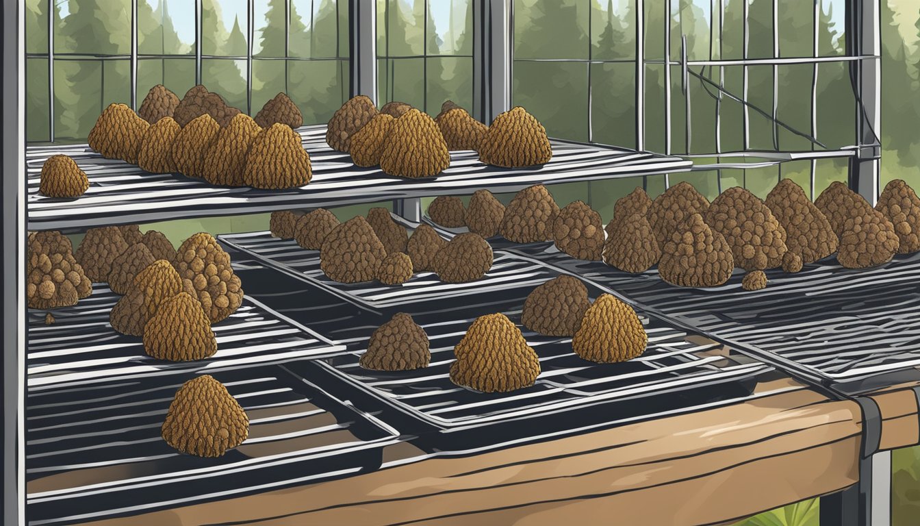 Morel mushrooms laid out on a wire rack under a warm, dry environment, with a dehydrator in the background