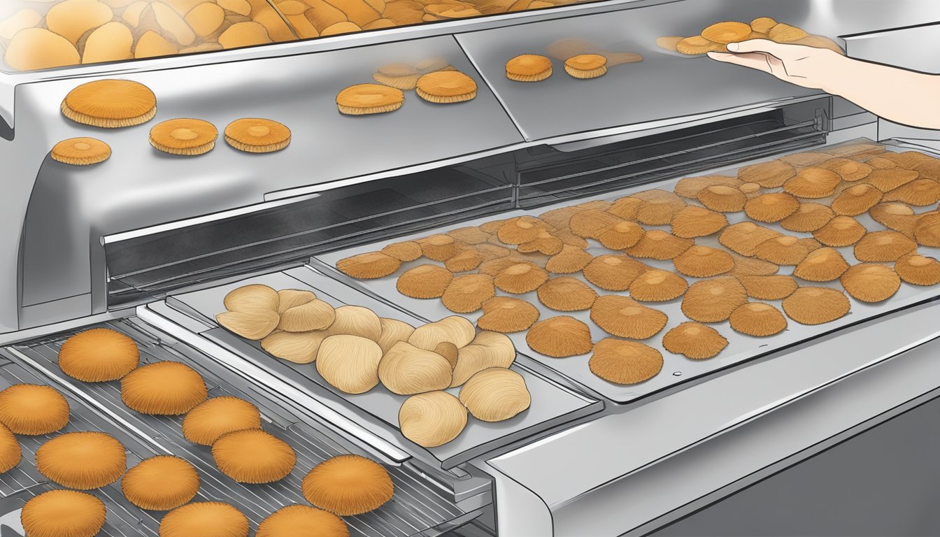 A hand holding lion's mane mushroom slices on a dehydrator tray, with the dehydrator machine in the background