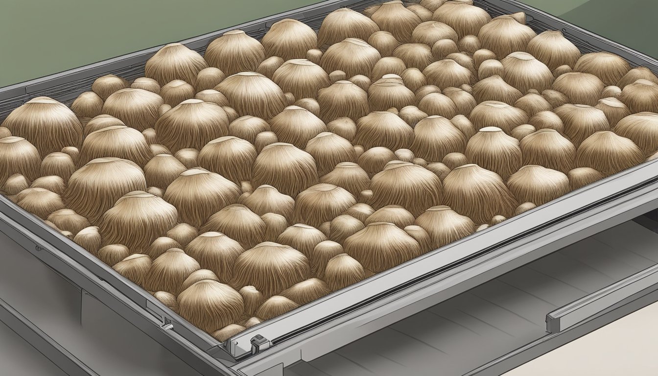 Whole lion's mane mushrooms laid out on a dehydrator tray. The dehydrator is plugged in and running, with warm air circulating around the mushrooms