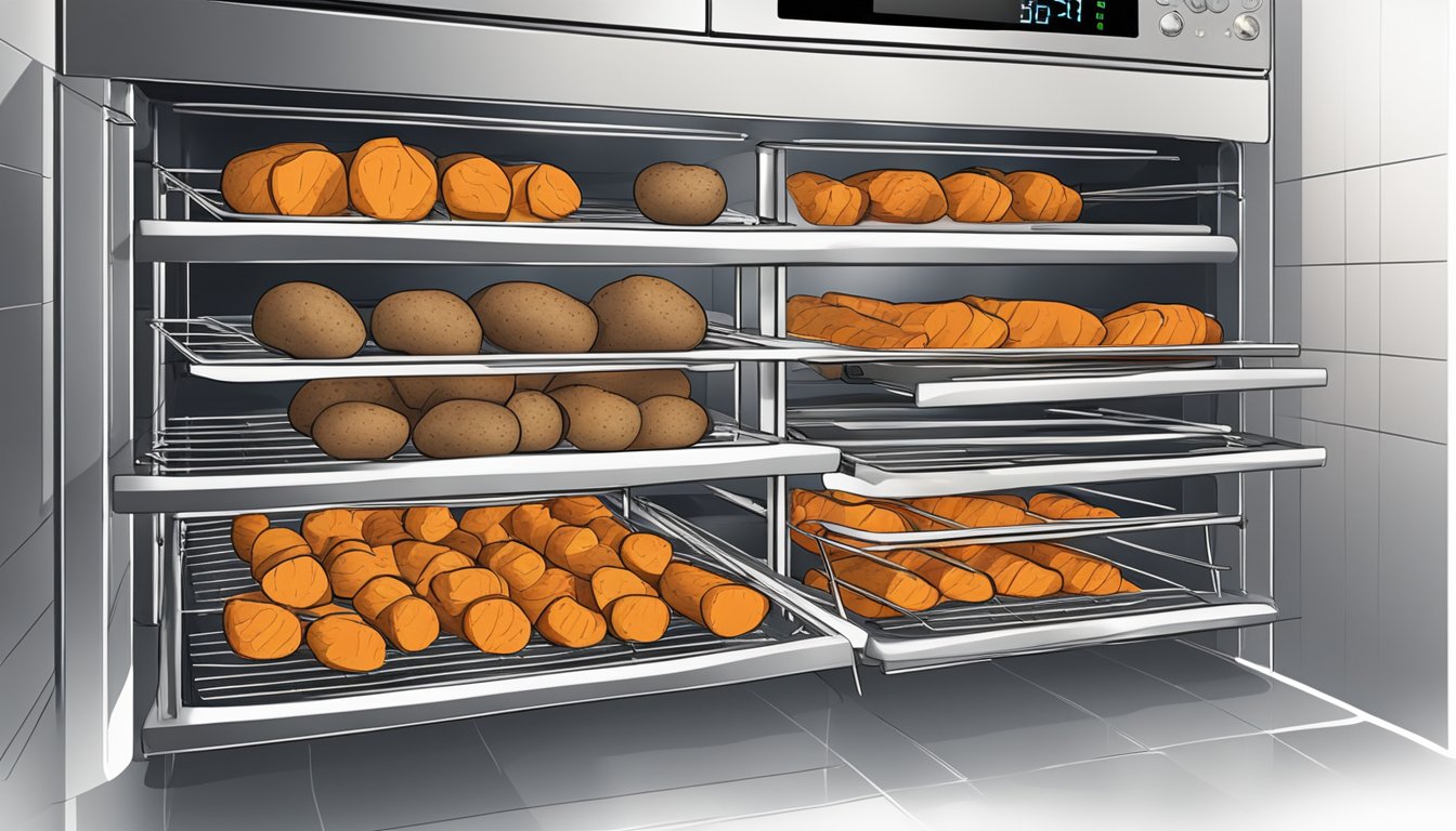 Sweet potatoes arranged on wire racks inside a preheated oven, with the temperature and timer set