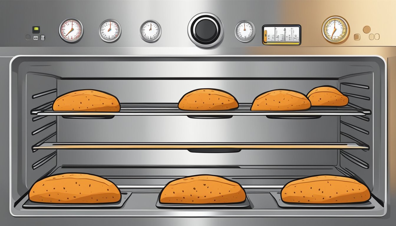 Sweet potatoes sliced on baking sheets in oven. Temperature dial set. Timer counting down