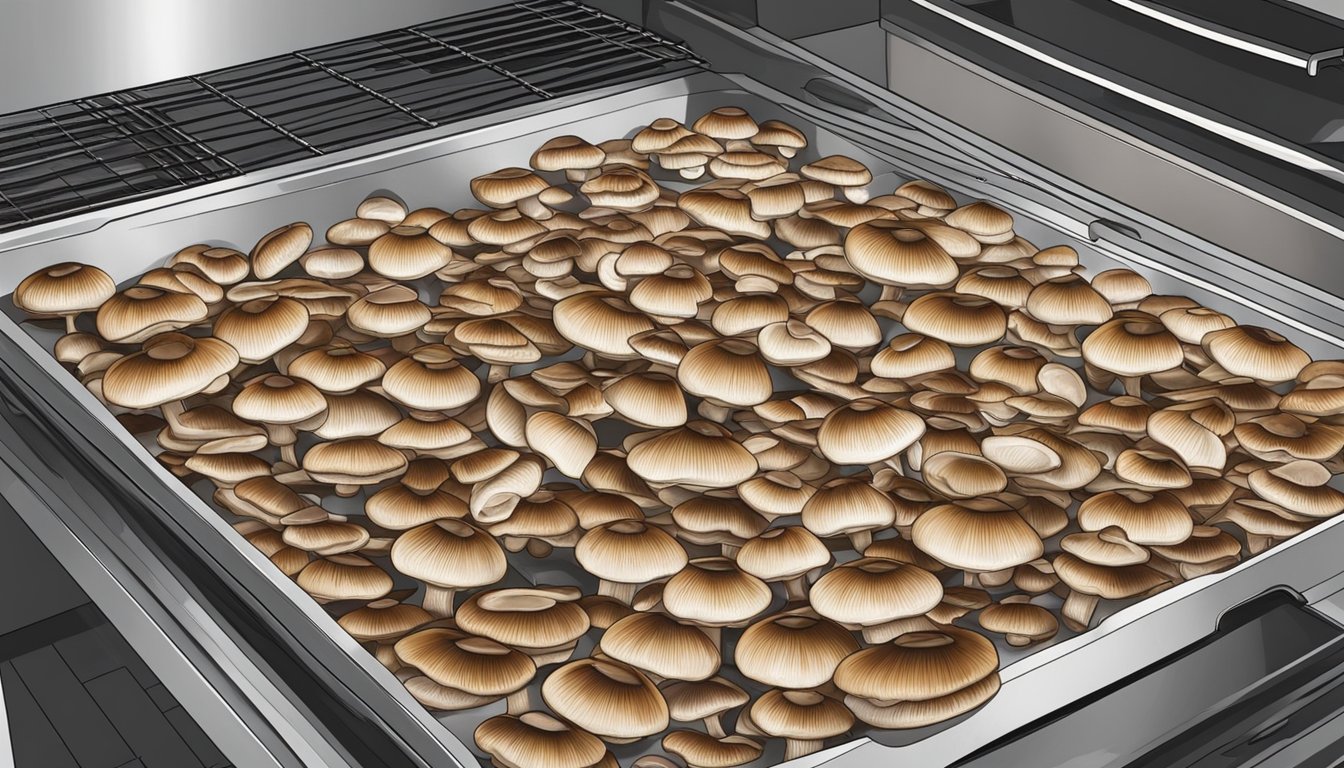 Sliced mushrooms spread out on a baking sheet, with the oven door open and the heat visibly dehydrating the mushrooms