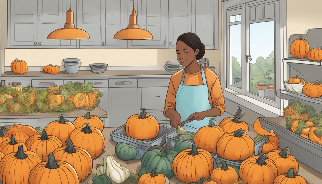 A person selecting a pumpkin from a patch, then slicing and dehydrating it in a kitchen