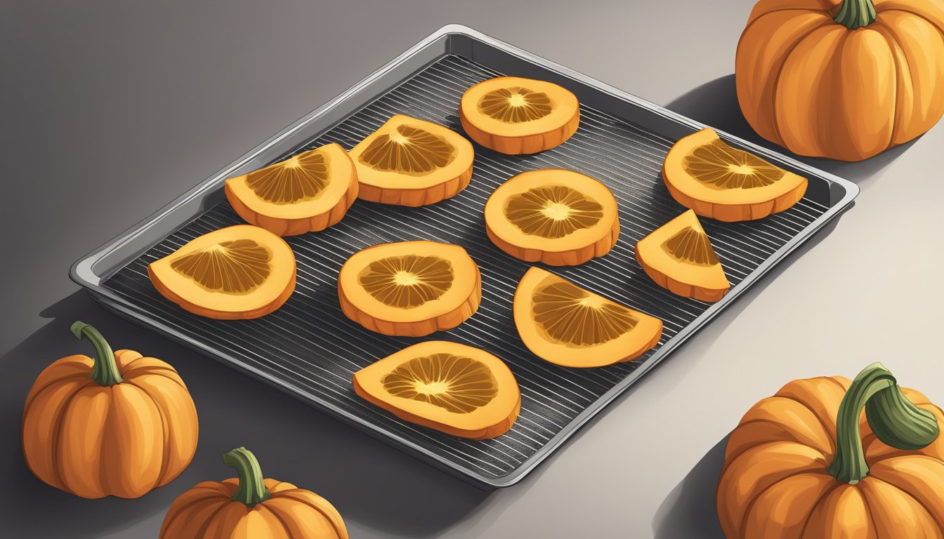 Pumpkin slices laid out on a mesh dehydrator tray under a warm, glowing heat source