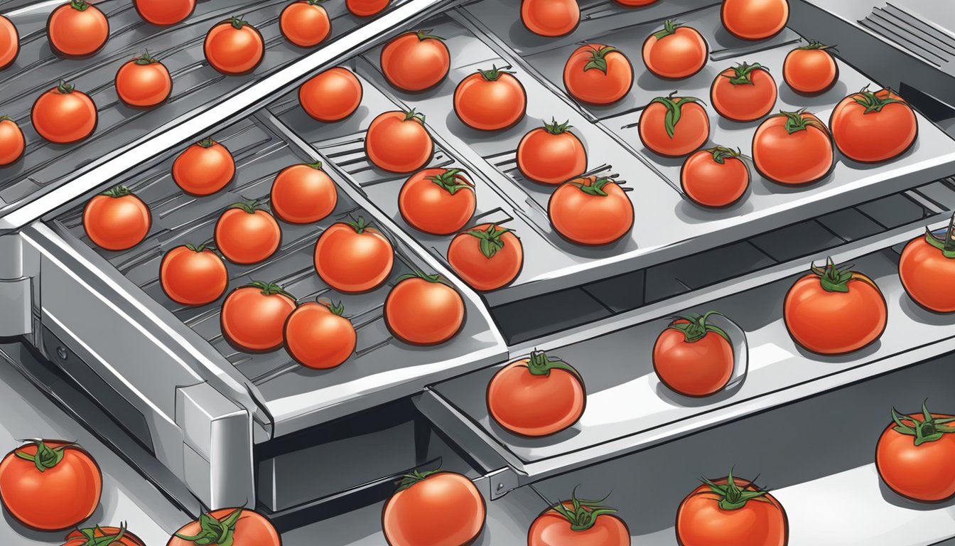 Fresh tomatoes being sliced and arranged on dehydrator trays, with the machine set to low heat