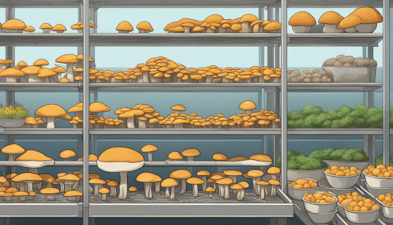 Mushrooms laid out on a wire rack in a well-ventilated area, surrounded by bowls of water and a fan for air circulation