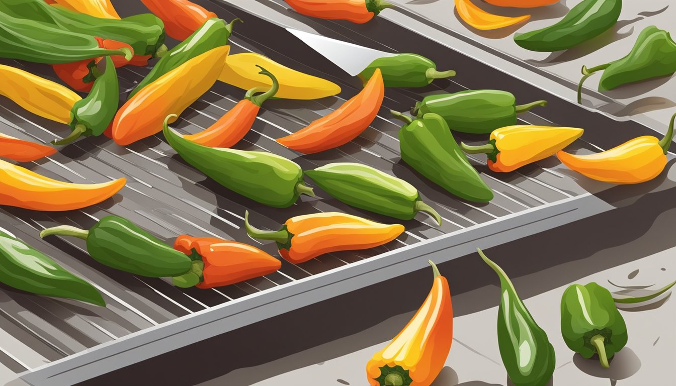 Fresh peppers laid out on a clean, dry surface, being sliced into thin strips with a sharp knife. A mesh screen is set up nearby for air drying