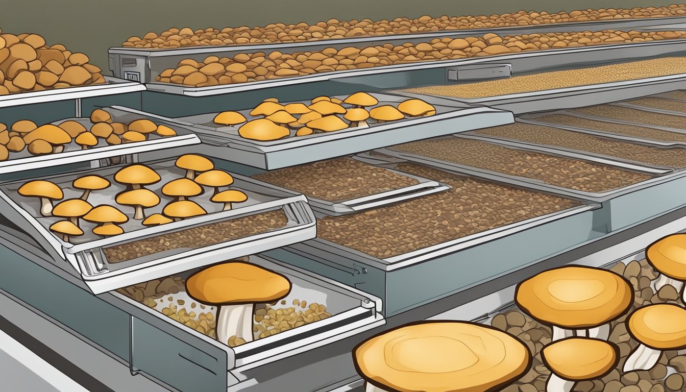 Mushrooms arranged in a single layer on dehydrator trays, with the dehydrator plugged in and set to the appropriate temperature