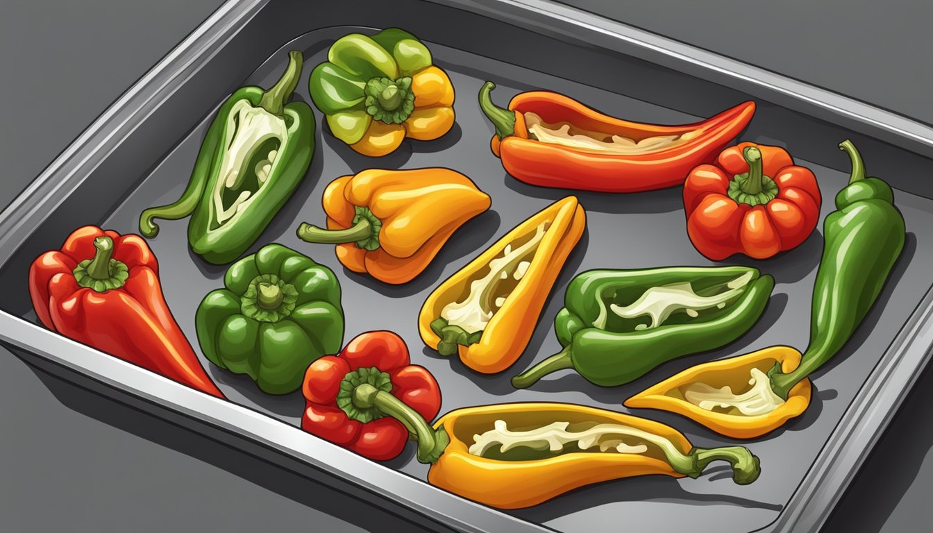 Fresh peppers laid out on a baking sheet, sliced and ready for dehydration. The oven is preheated and the peppers are positioned for even drying