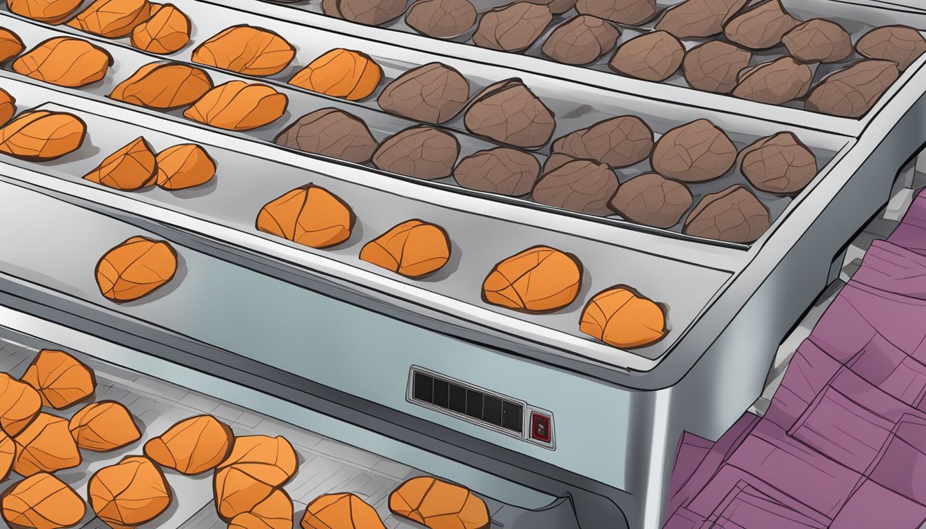 Sweet potatoes arranged on dehydrator trays, with the machine's temperature and timer settings adjusted for optimal drying