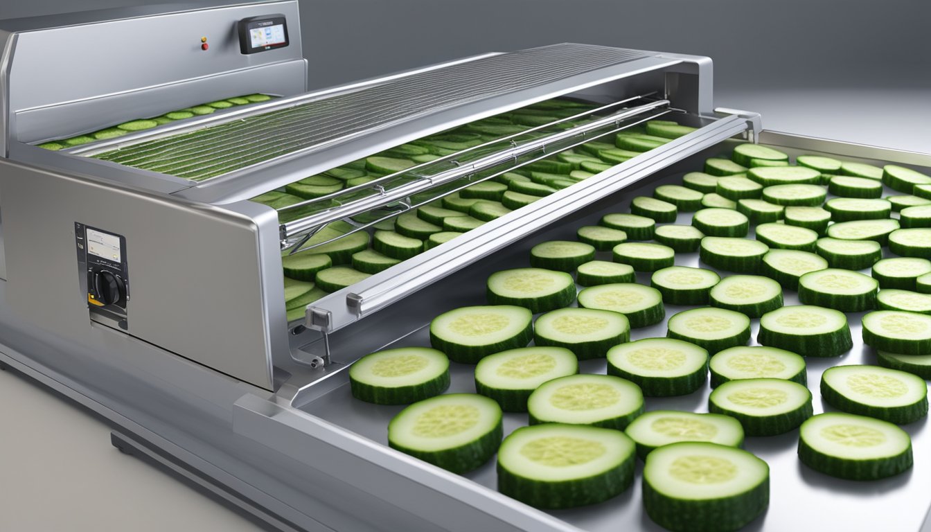 Fresh cucumbers sliced into thin rounds arranged on dehydrator trays, with the machine running and warm air circulating around them