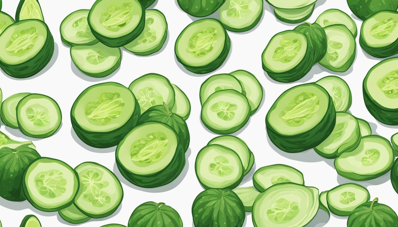 Fresh cucumbers being sliced into thin rounds, arranged on dehydrator trays, and set to dry