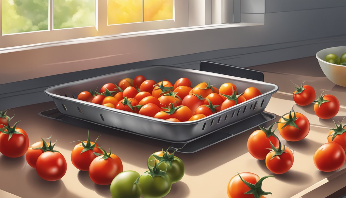 Cherry tomatoes scattered on baking sheet, oven door open, heat waves rising