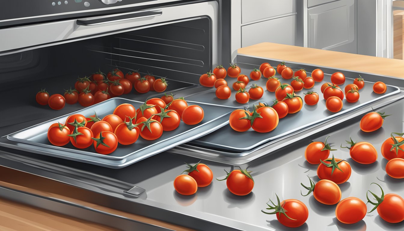 Cherry tomatoes spread on a baking sheet, oven door open, heat waves rising, timer set