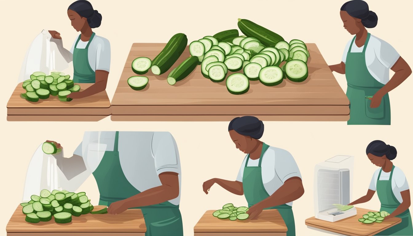 A person slicing cucumbers on a cutting board, placing the slices on a dehydrator tray, and setting the dehydrator to the appropriate temperature