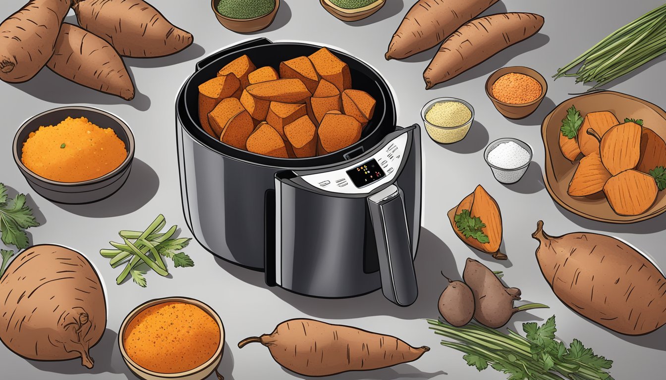 Sweet potatoes arranged in an air fryer, surrounded by various seasoning and flavoring options