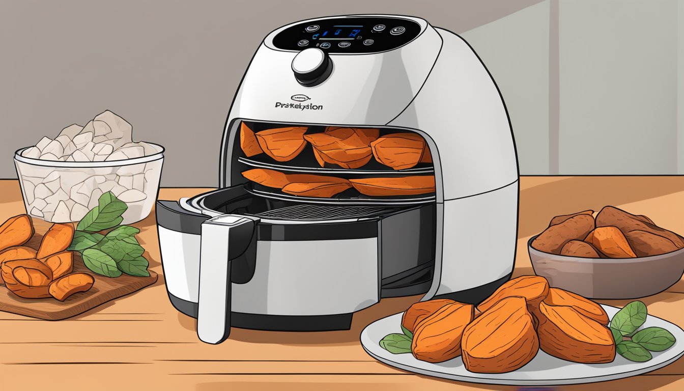 Sweet potatoes arranged in an air fryer, with the machine set to the dehydration setting