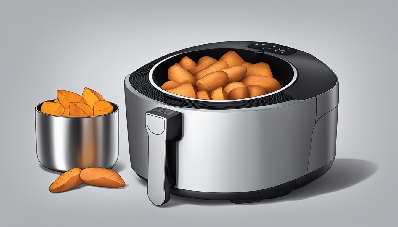 Sweet potatoes arranged in a single layer inside an air fryer, with the lid closed and the timer set