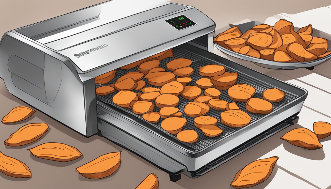 Sweet potatoes sliced on dehydrator trays, with the machine turned on